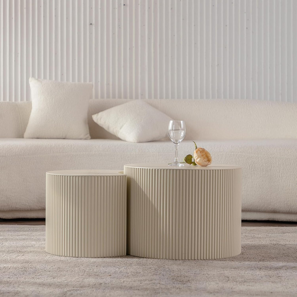 Nesting Coffee Table Set of 2, Round & Crescent Moon Wood Coffee Table and End Table Sets, Modern Luxury Accent Center Tea Table for Living Room Bedroom, （Beige + Cream, 27.56' & 19.69'
