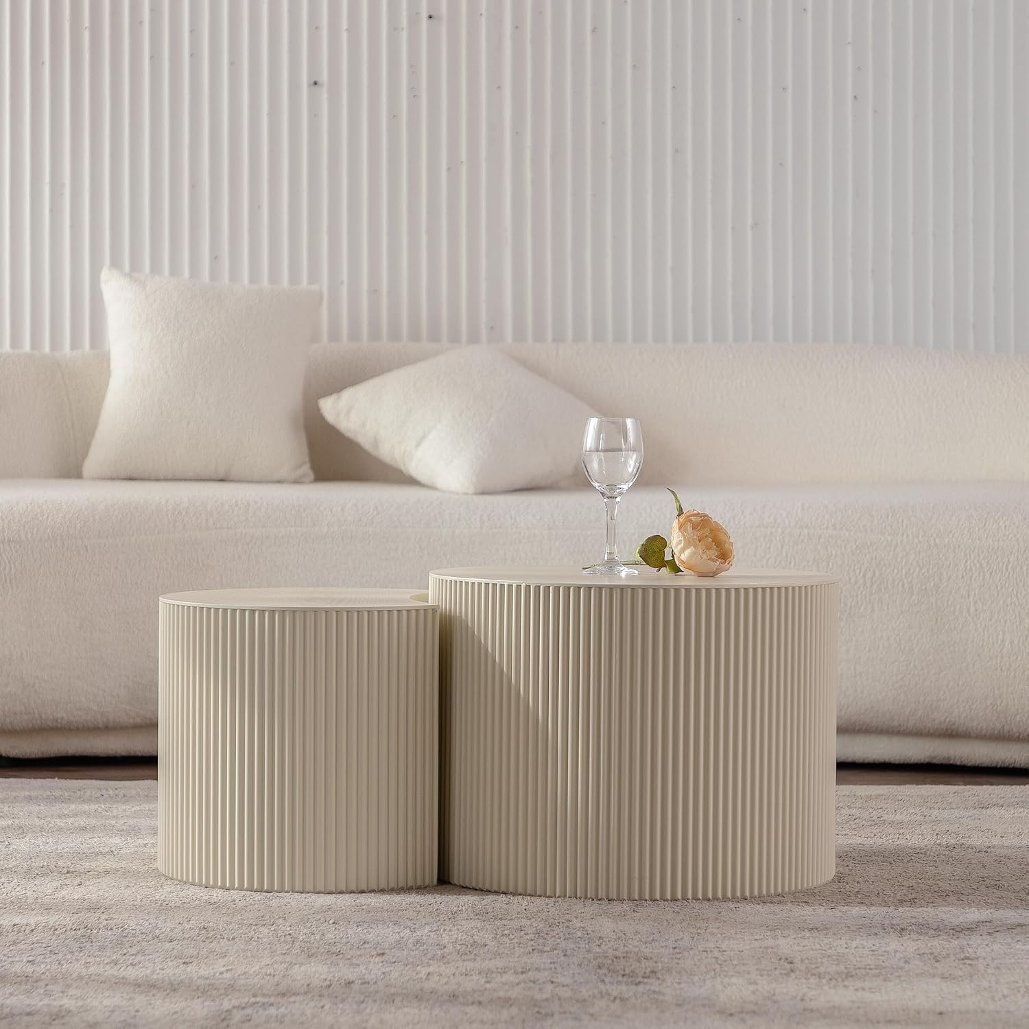 Nesting Coffee Table Set of 2, Round & Crescent Moon Wood Coffee Table and End Table Sets, Modern Luxury Accent Center Tea Table for Living Room Bedroom, （Beige + Cream, 27.56' & 19.69'
