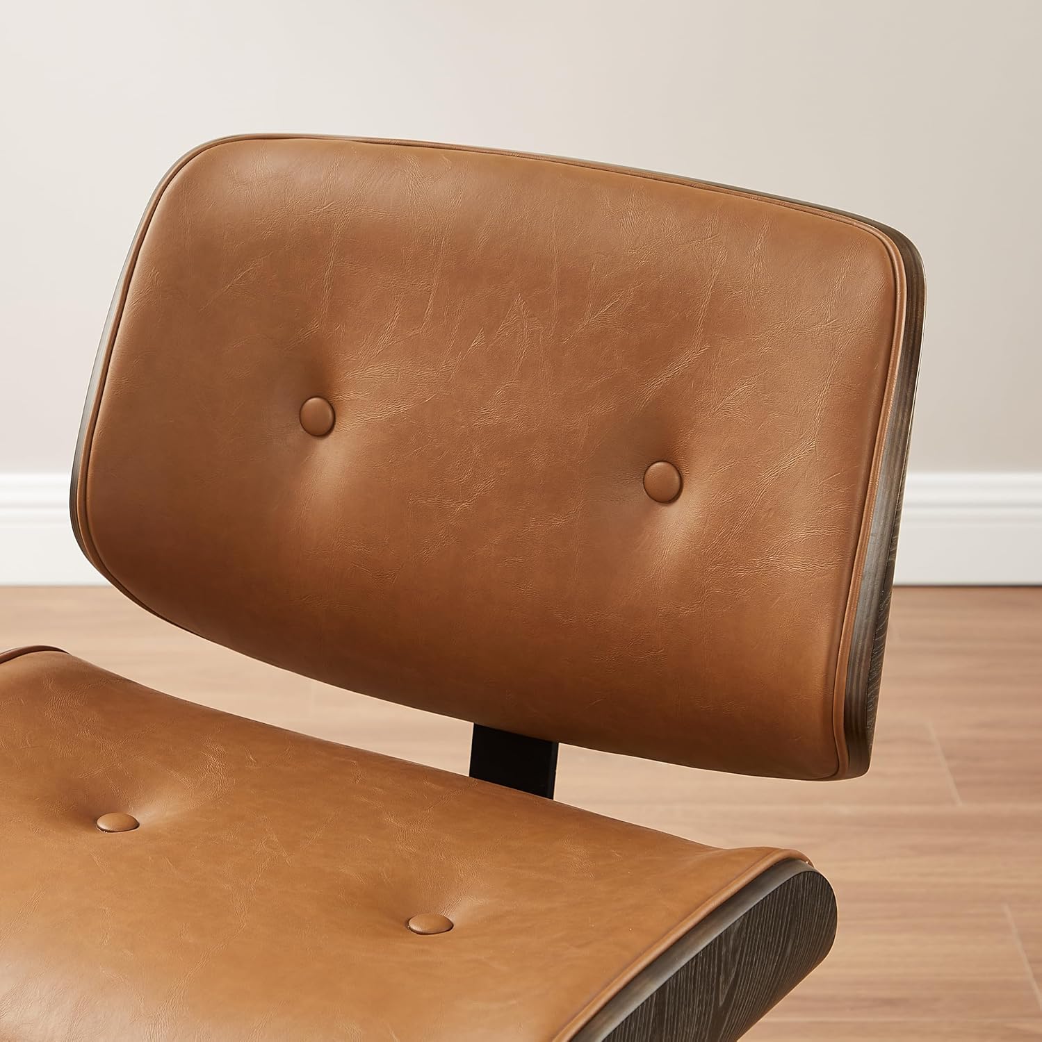 Zouron Swivel Dining Chairs Set of 2, Mid Century Modern Upholstered Faux Leather Chair with Black Oak Bentwood and Wood Legs for Kitchen Dining Room, Thickened Cushion, Button Brown