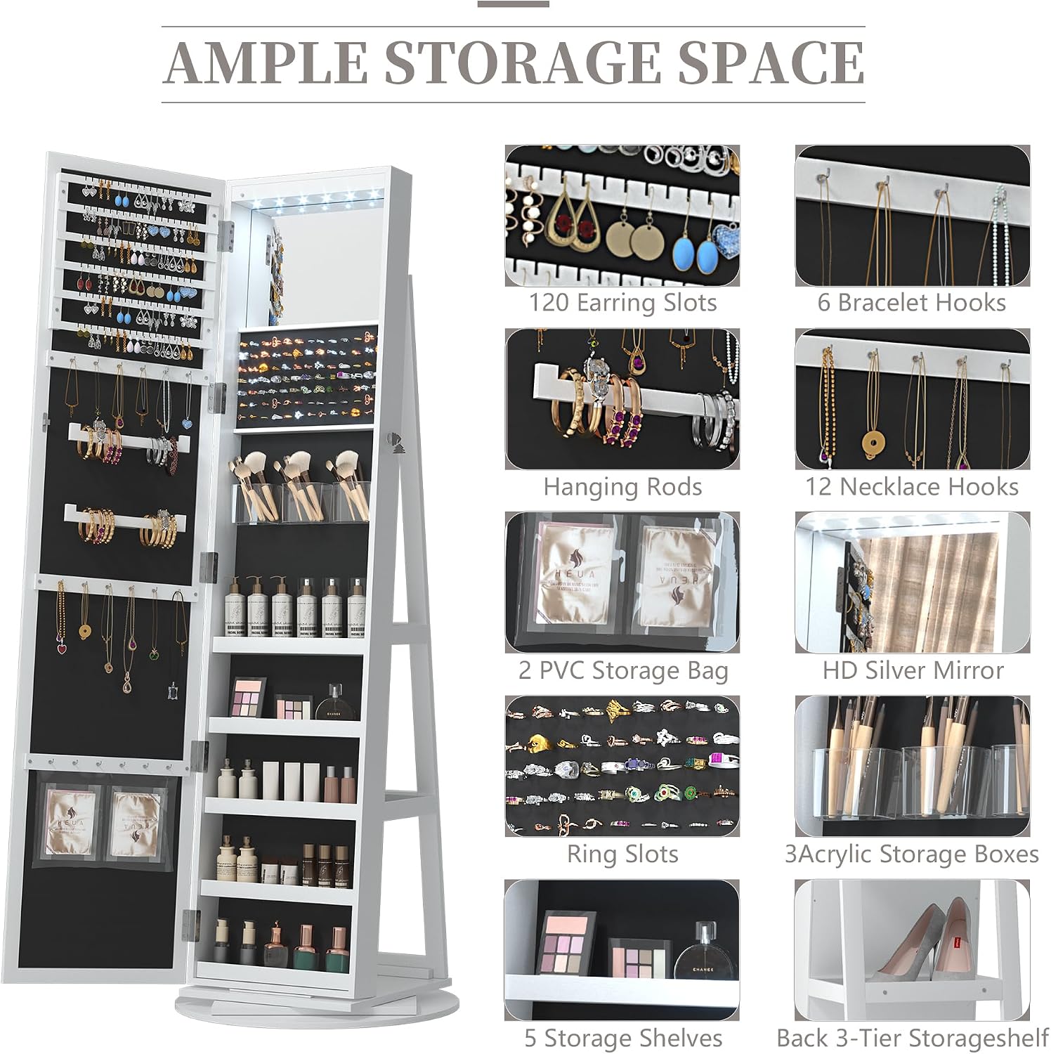 LVSOMT Mirror Jewelry Cabinet Standing, 360° Swivel Jewelry Armoire with 6 LED Lights and Interior Mirror, Full Length Mirror with Storage, Standing Lockable Jewelry Organizer, White