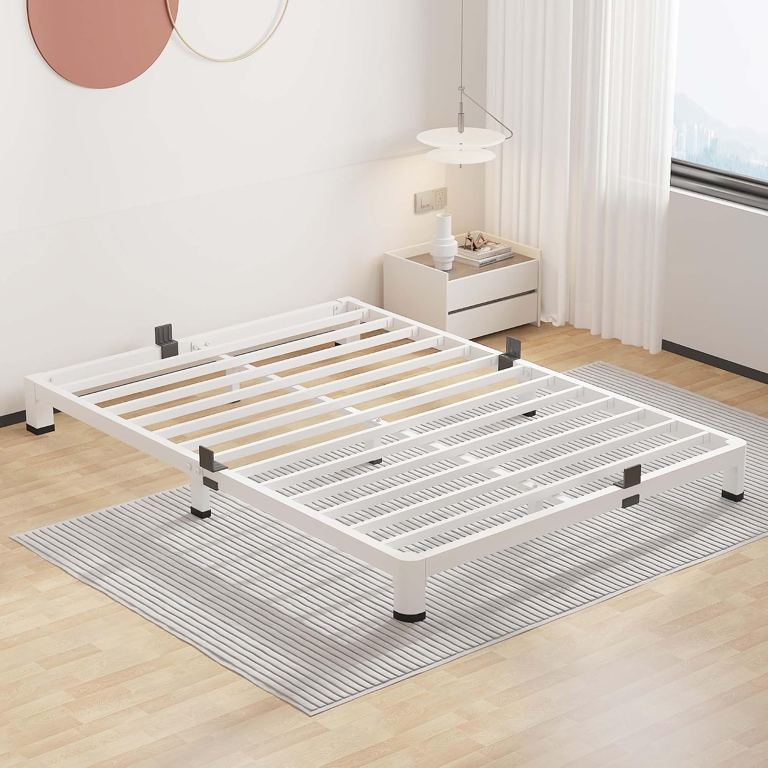 ROIL 4 Inch White Full Bed Frame with Rounded Corner and Mattress Retainers, 3500LBS Heavy Duty Steel Slats No Box Spring Needed Platform Noise-Free Easy Assembly