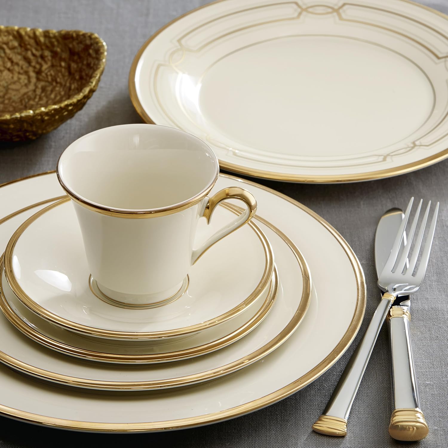 Lenox Dinnerware Set, Eternal 5-Piece Place Setting, 24-Karat Gold Accents Set, Service for 1, Made Of Ivory Porcelain, Dishwasher Safe, Plates, Cups And Saucers, Home And Kitchen (Ivory, 5 Piece)