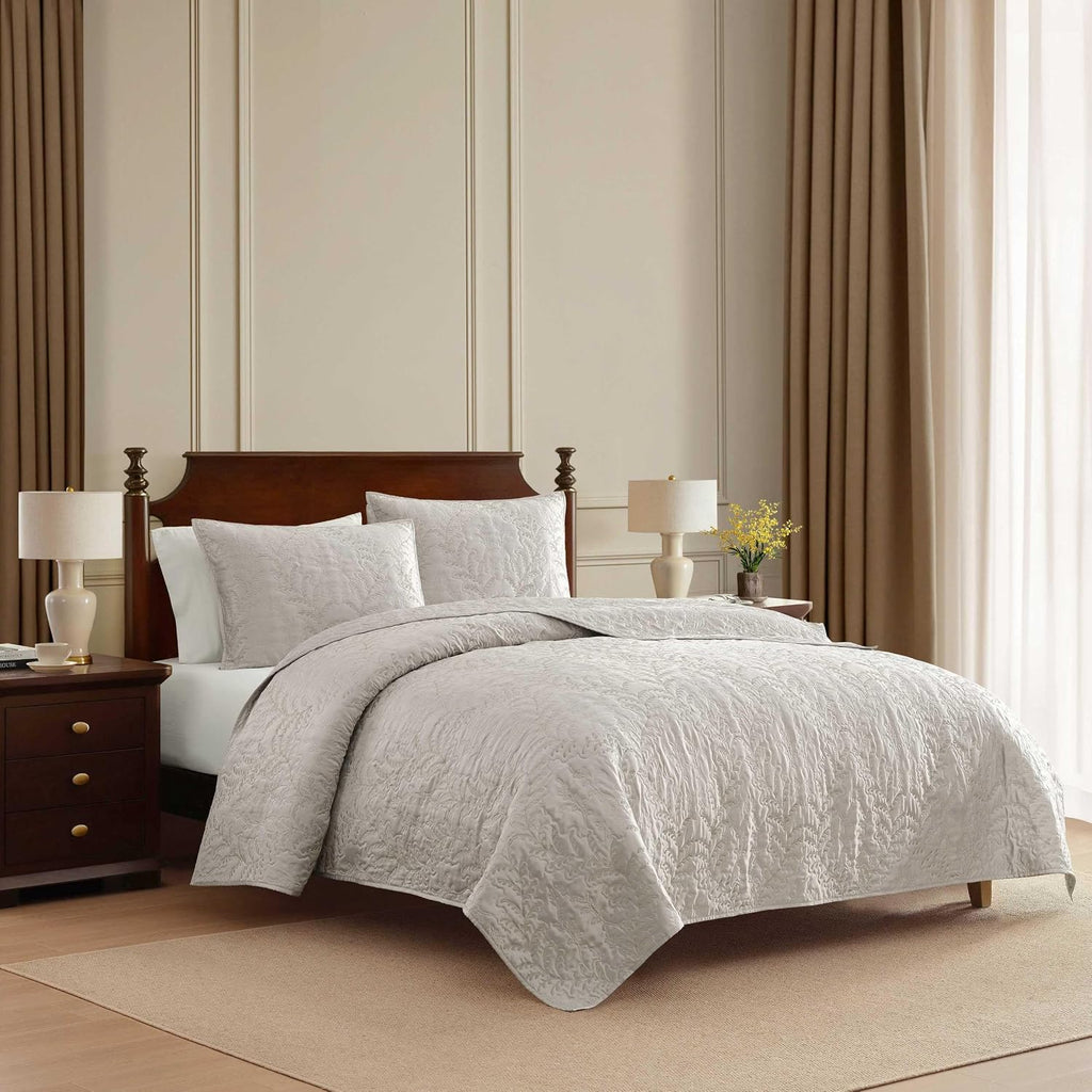 Martha Stewart - Queen Size Quilt Set, Soft & Smooth Sateen Bedding with a Light and Breathable Feel, 3 Piece Bed Set with Matching Pillowcases (Fern Embroidery Grey)