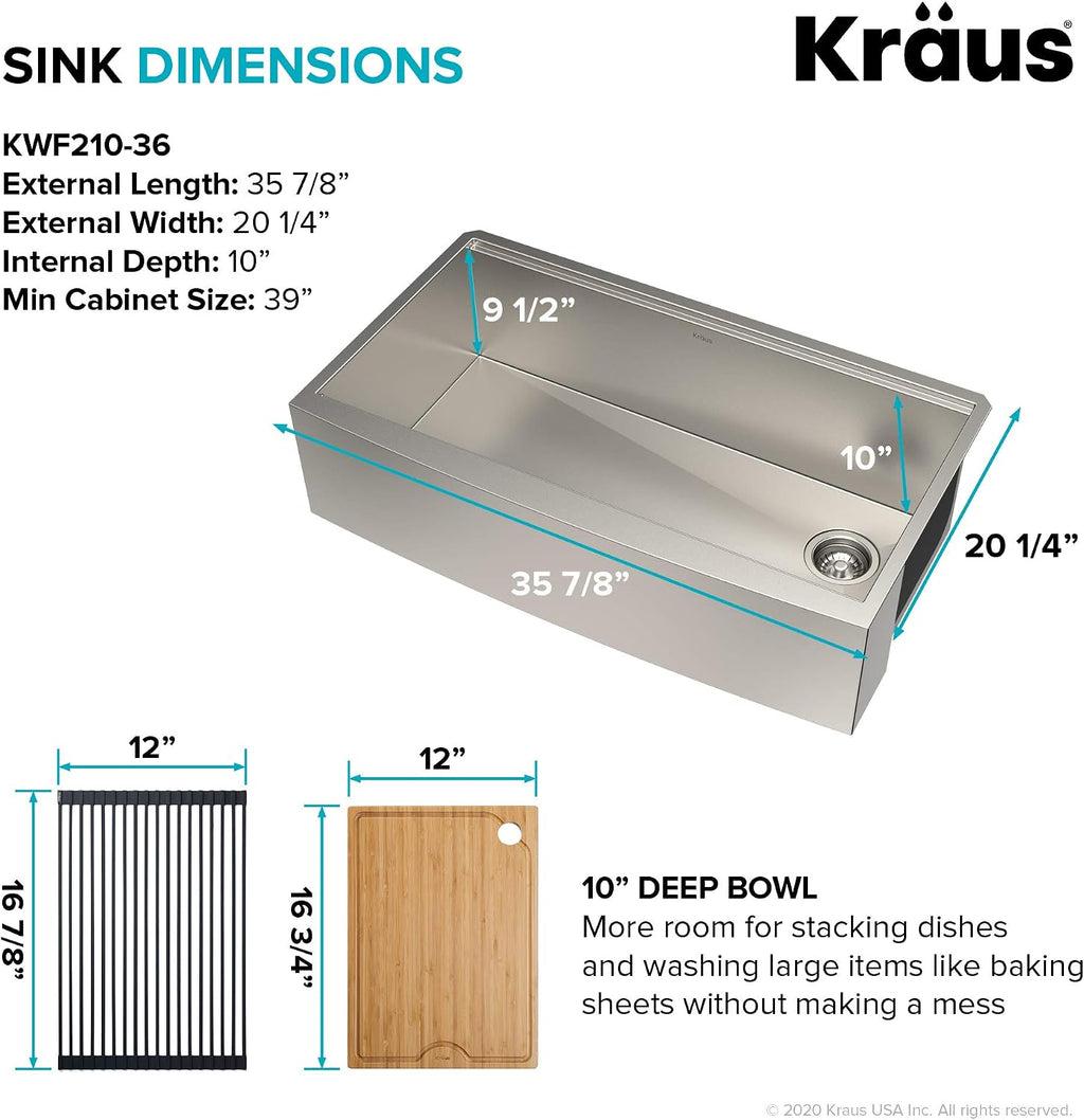 KRAUS Kore 36-Inch Farmhouse Workstation 16 Gauge Single Bowl Stainless Steel Kitchen Sink with Accessories, KWF210-36