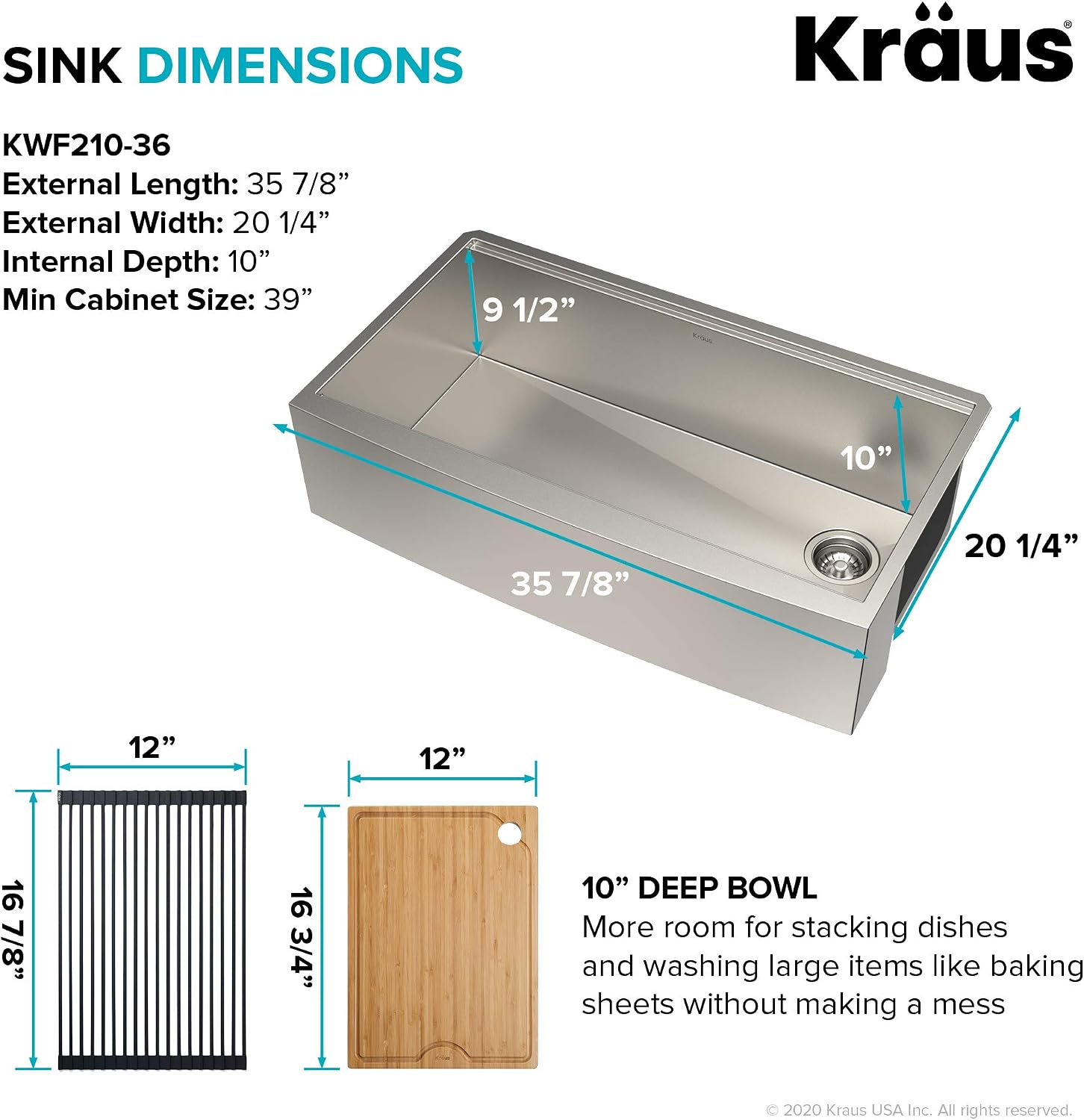 KRAUS Kore 36-Inch Farmhouse Workstation 16 Gauge Single Bowl Stainless Steel Kitchen Sink with Accessories, KWF210-36