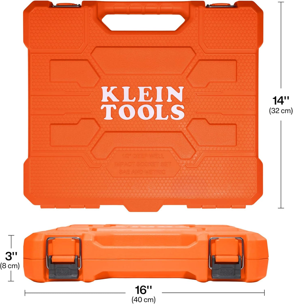 Klein Tools 65123HD KNECT Deep-Well Impact Socket Set, 1/2-Inch Drive, SAE and Metric, 28-Piece Tool Set, 1/4-Inch Impact Driver, Wrench Extensions, Color-Coded, Removable Socket Organizer