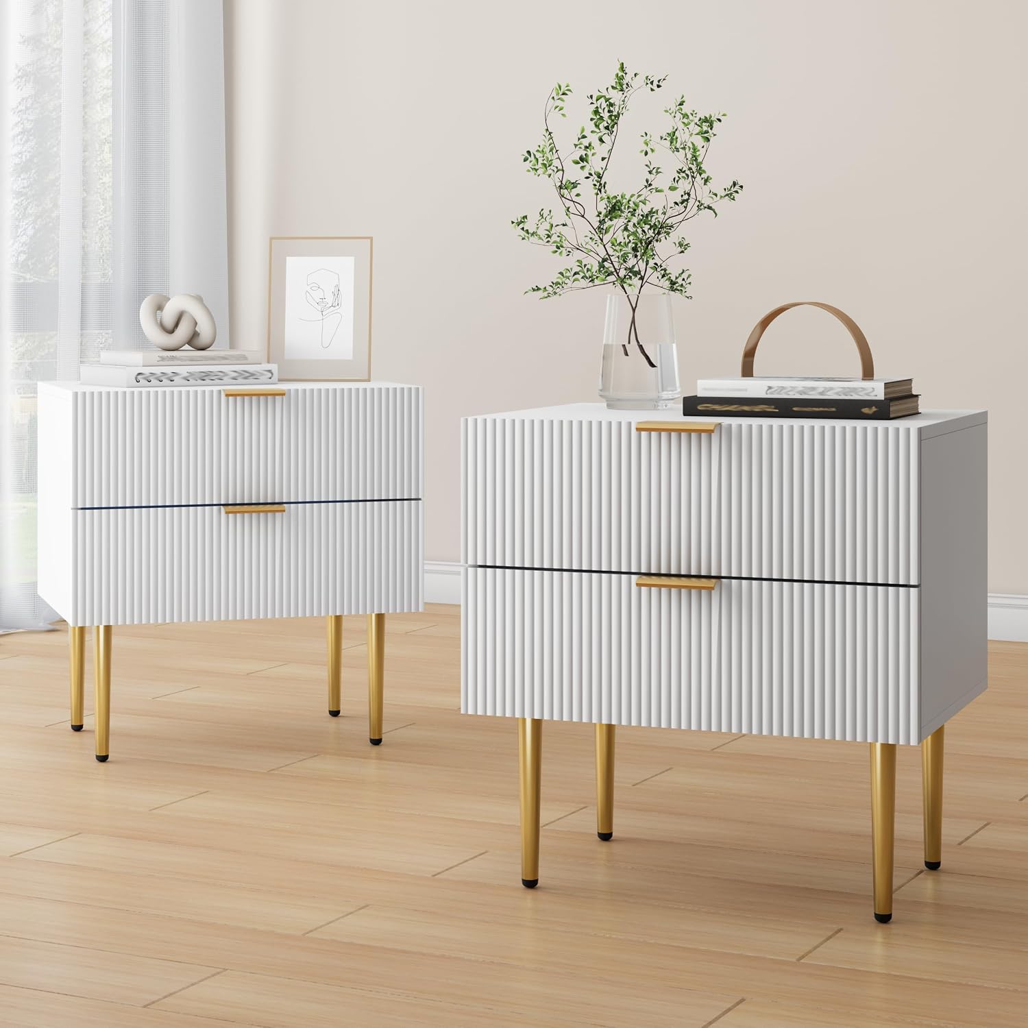 Semiocthome White Nightstand Set of 2, Mid Century Modern Night Stand with 2 Wave Fluted Panel Drawers, Bedside Table with Gold Metal Legs, Wide Tabletop Bed Side Table, End Tables for Living Room
