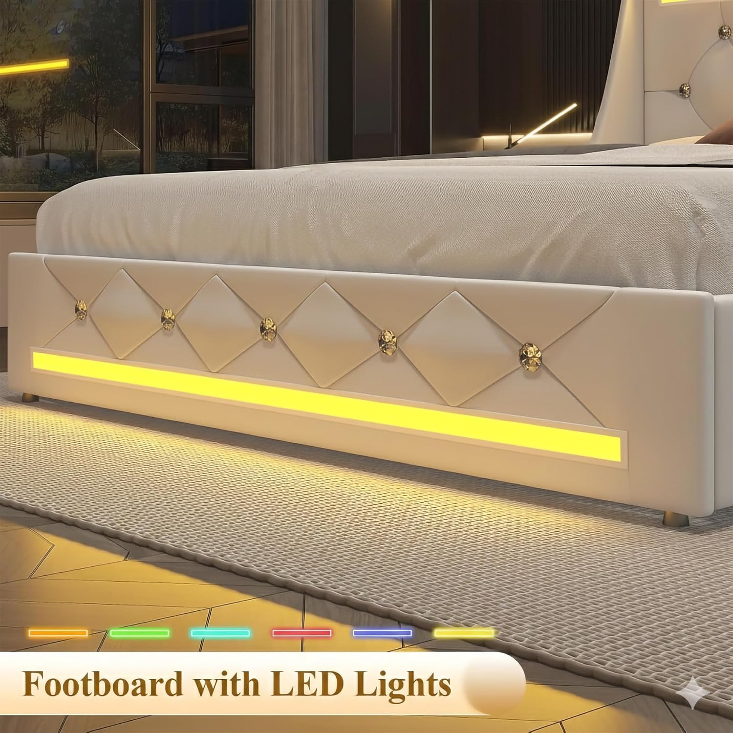 Queen Bed Frame with Storage Drawers and LED Lights/Charging Station, Modern Diamond Upholstered Platform Bed with Wingback Headboard, Wooden Slats Support, No Box Spring Needed (White, Queen)