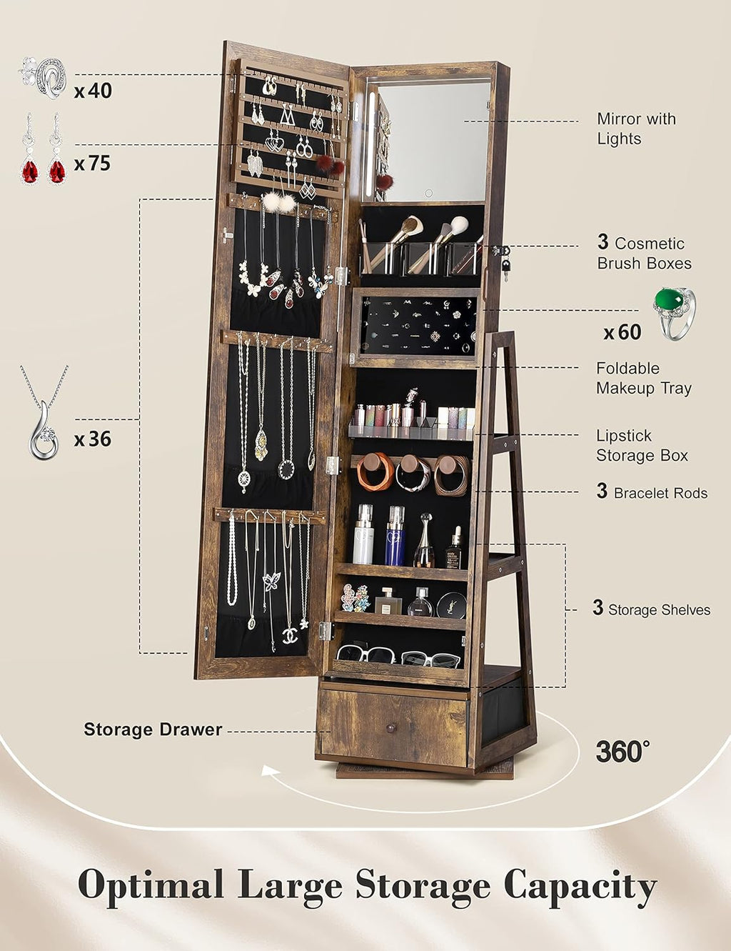 Nicetree 360° Swivel Jewelry Cabinet with Lights, Touch Screen Vanity Mirror, Rotatable Full Length Mirror with Jewelry Storage, Standing Jewelry Armoire Organizer, Gift Idea, Rustic Brown