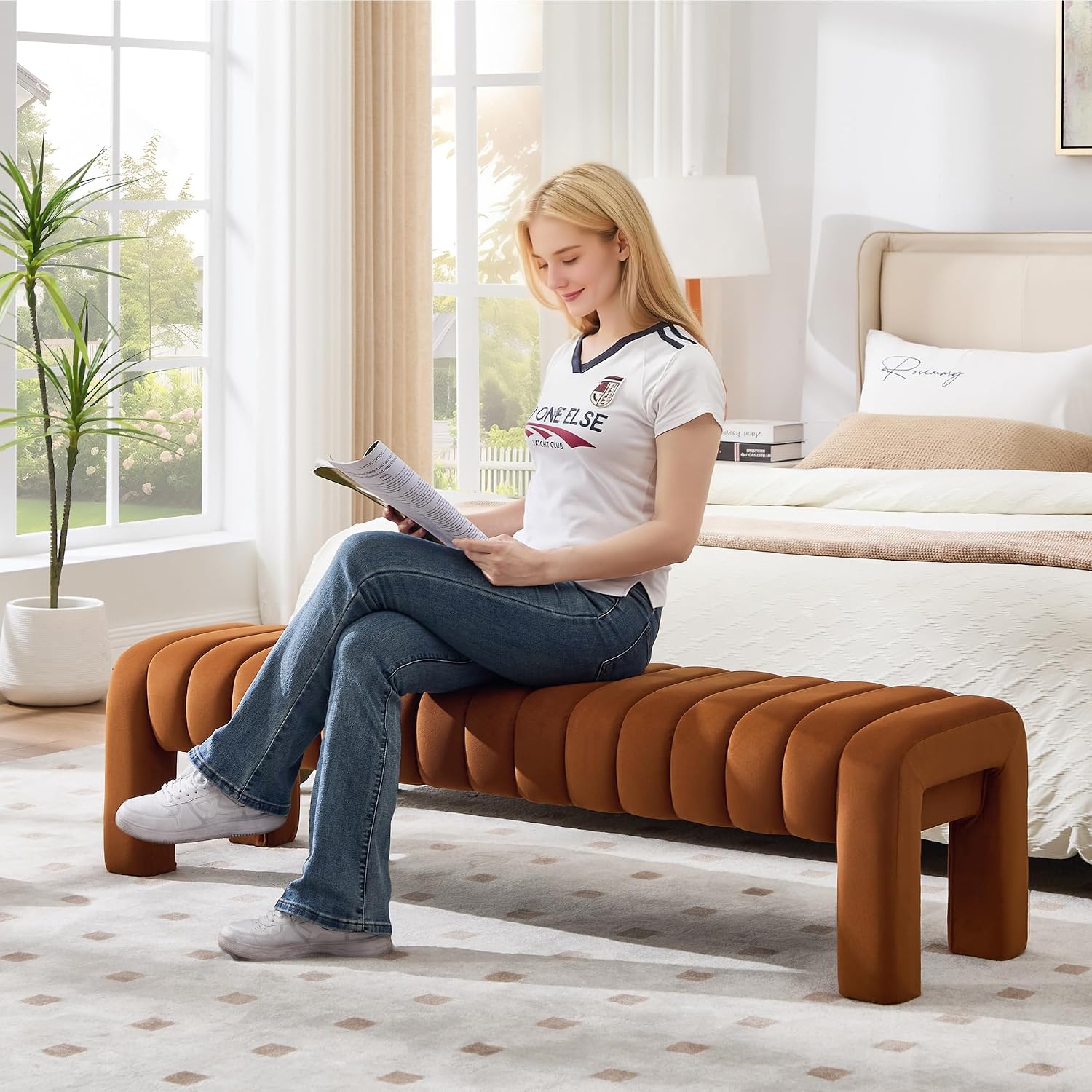 63'' Bedroom Bench, Upholstered End of Bed Bench with Solid Wood Legs, Modern Long Dining Bench with Full Covered Fabrics for Entryway, Bedroom, Living Room (Brown, Velvet)