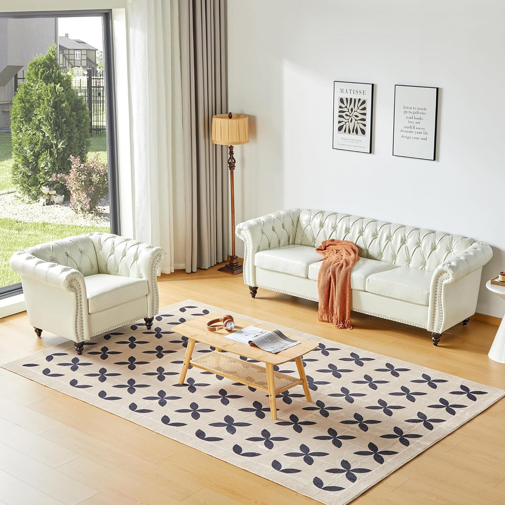 QHITTY 3 Piece Living Room Set, Sectional Chesterfield Sofa Chair Contemporary Upholstered Artificial Leather Loveseat Couch Sets for Living Room, Bedroom, Office (White)