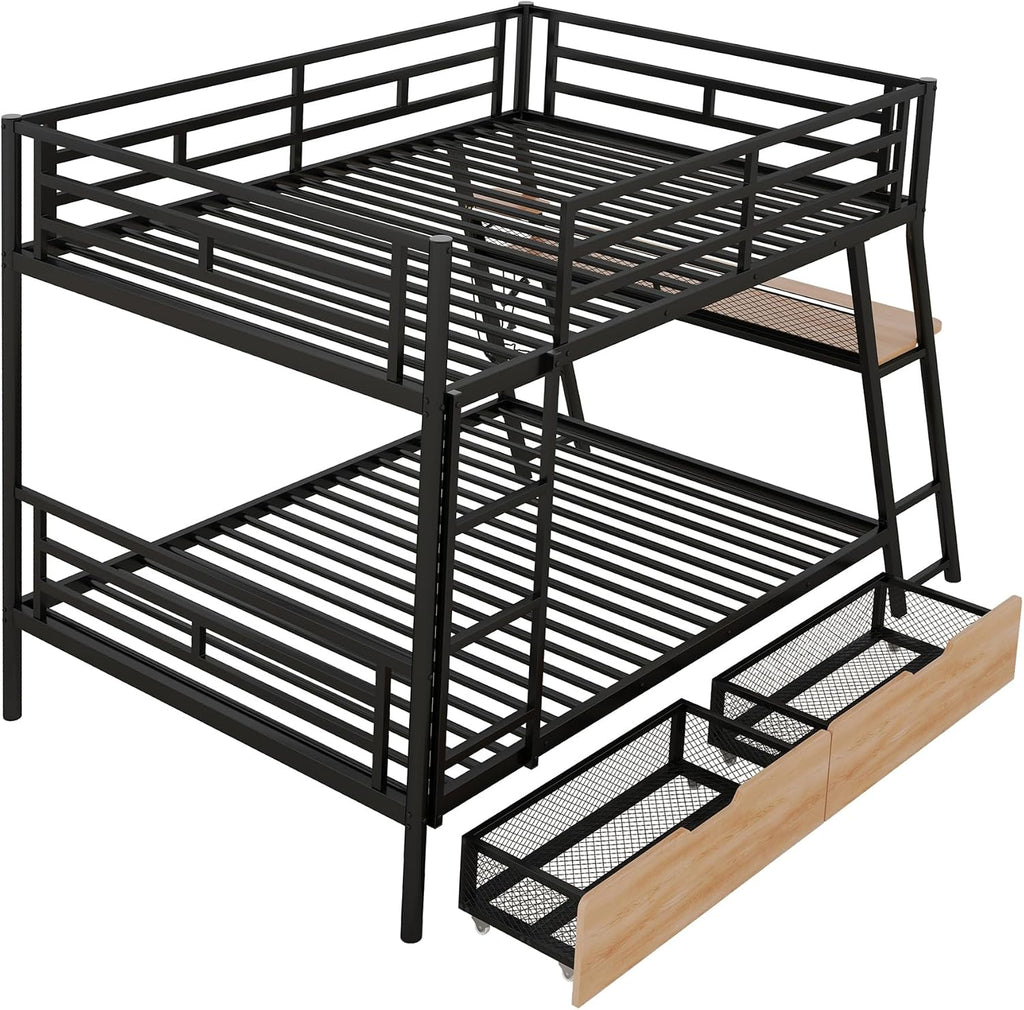 Full Size Metal Bunk Bed with Built-in Desk,Bed Frame W/Light Strip and 2 Large-Capacity Storage Drawers,for Bedroom,Apartment,Guest Room,Black
