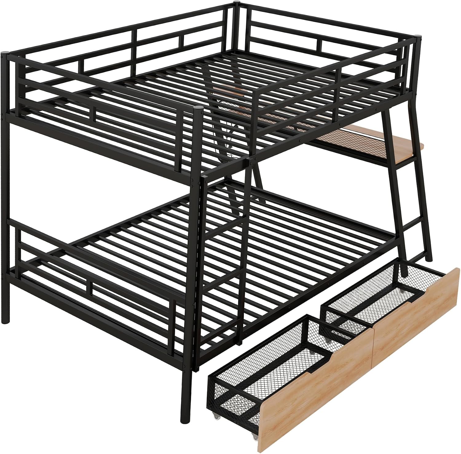 Full Size Metal Bunk Bed with Built-in Desk,Bed Frame W/Light Strip and 2 Large-Capacity Storage Drawers,for Bedroom,Apartment,Guest Room,Black