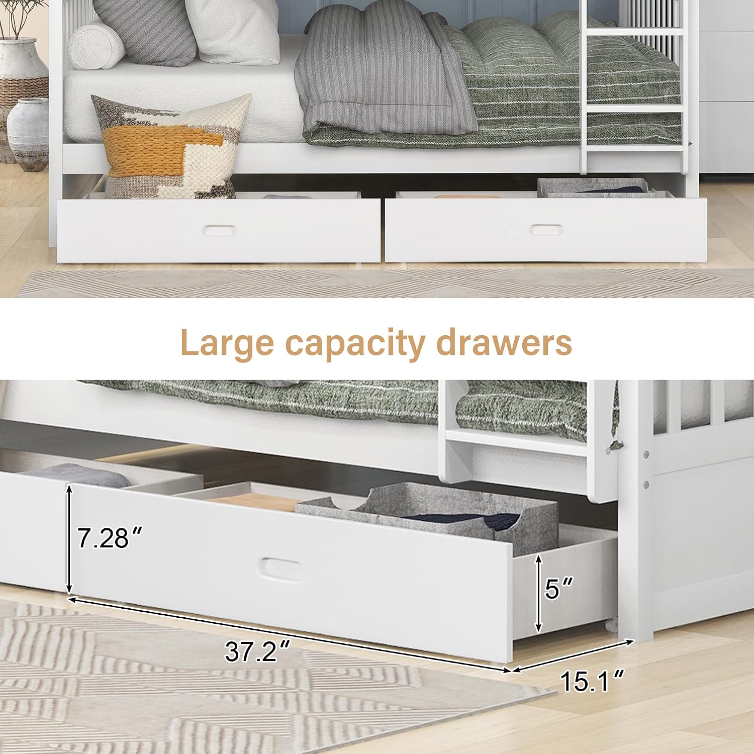 Merax Wood Bunk Bed with Drawers,Convertible Bunk Bed with Ladders and Two Storage Drawers,Solid Wood Detachable Bed Frame with Ladders,Full Over Full,White