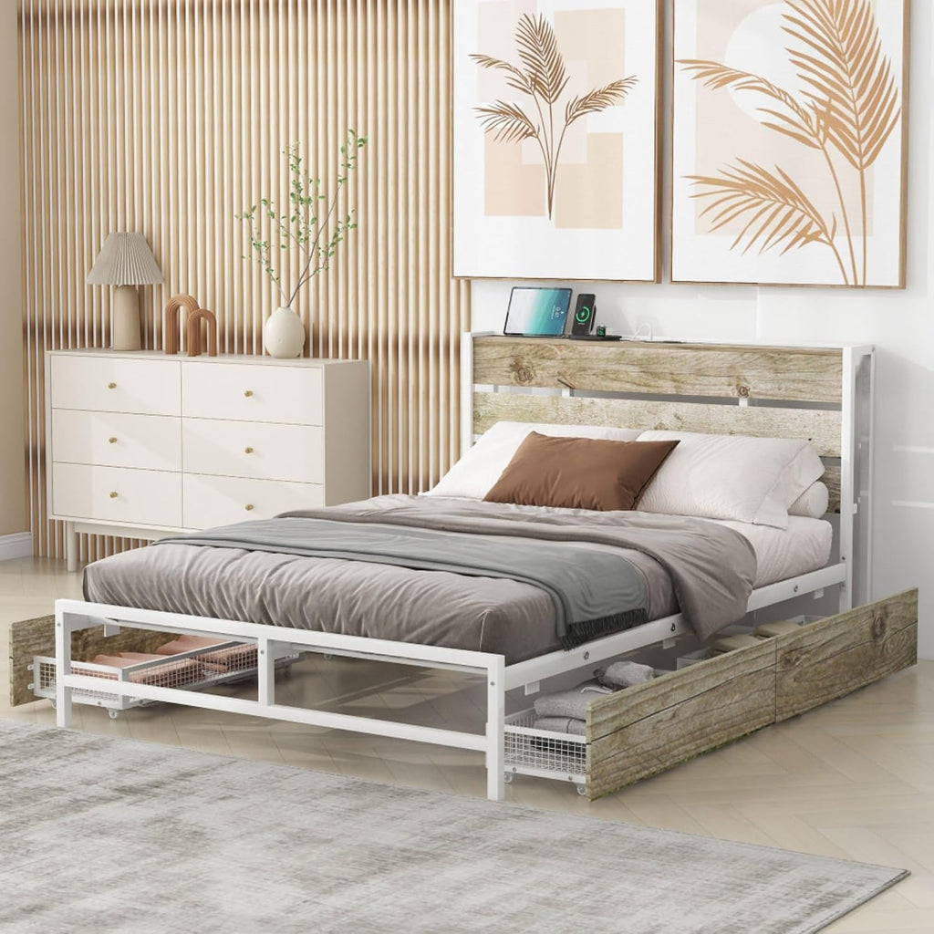 Rustic Wood Platform Bed Frame with 4-Drawer Storage, Charging Station Headboard, 12 Metal Slats, No Box Spring Needed, USB Ports & Outlets, Full Size Modern Bedroom Furniture Set