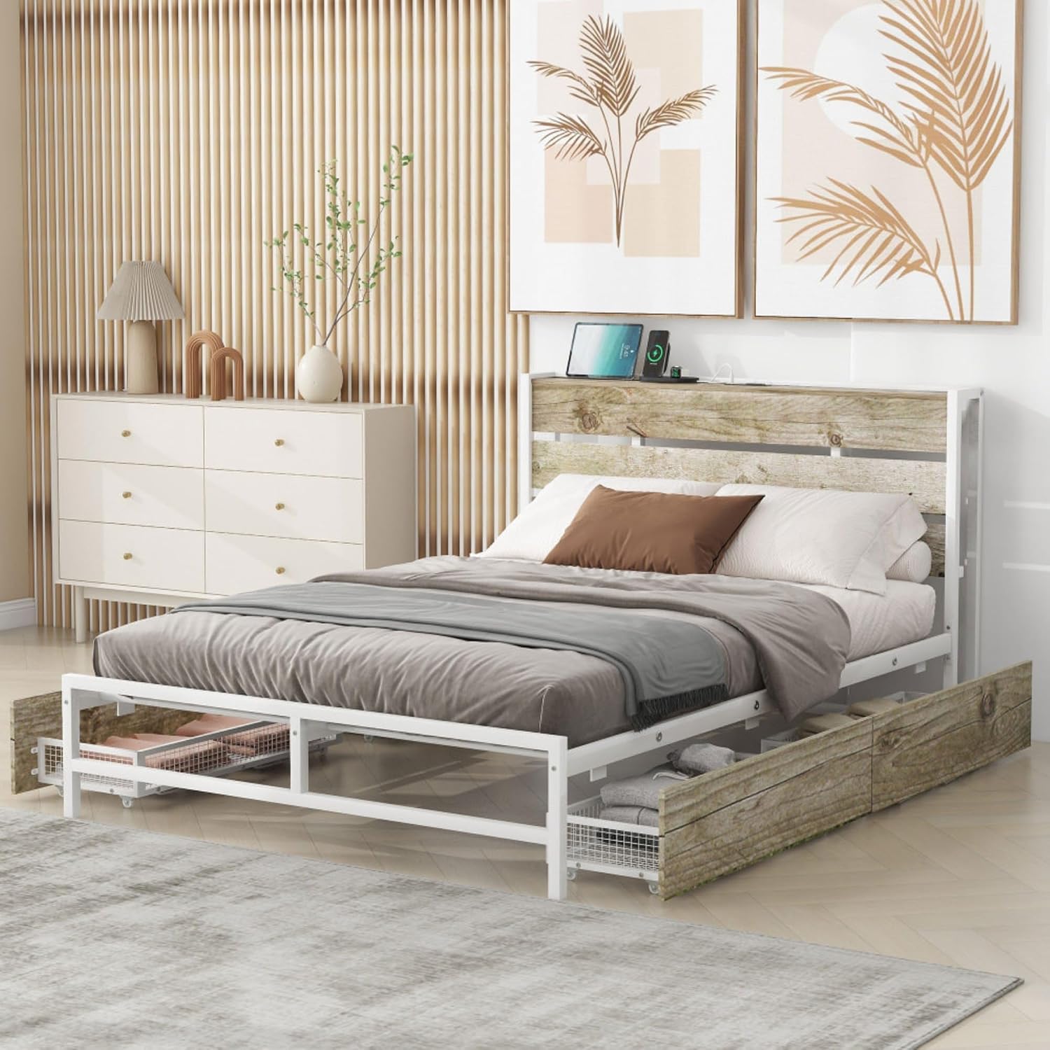 Rustic Wood Platform Bed Frame with 4-Drawer Storage, Charging Station Headboard, 12 Metal Slats, No Box Spring Needed, USB Ports & Outlets, Full Size Modern Bedroom Furniture Set