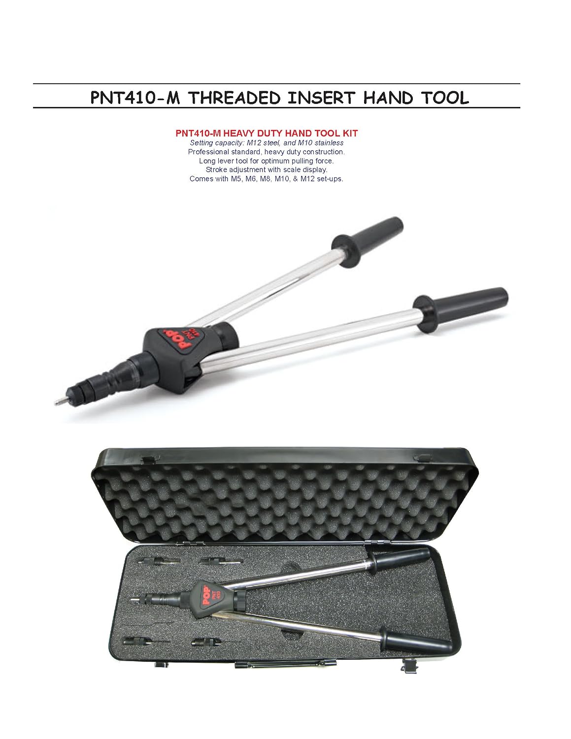 PNT410-MP Metric Heavy Duty Threaded Insert Hand Tool KIT with PILOTED MANDRELS. Comes with M5 to M12 Set-UPS.