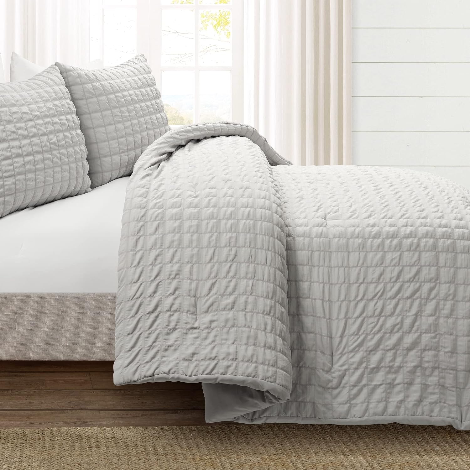 Lush Decor Crinkle Textured Dobby 3 Piece Comforter Set, King, Light Gray