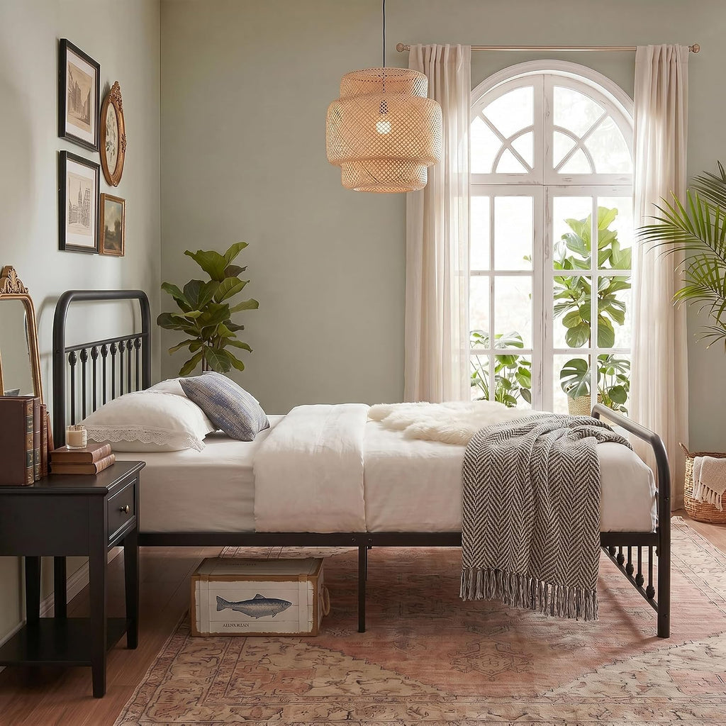 VECELO Queen Size Victorian Style Metal Bed Frame with Headboard Classic Metal Platform Bed Frame Mattress Foundation with Footboard/Under Bed Storage/No Box Spring Black