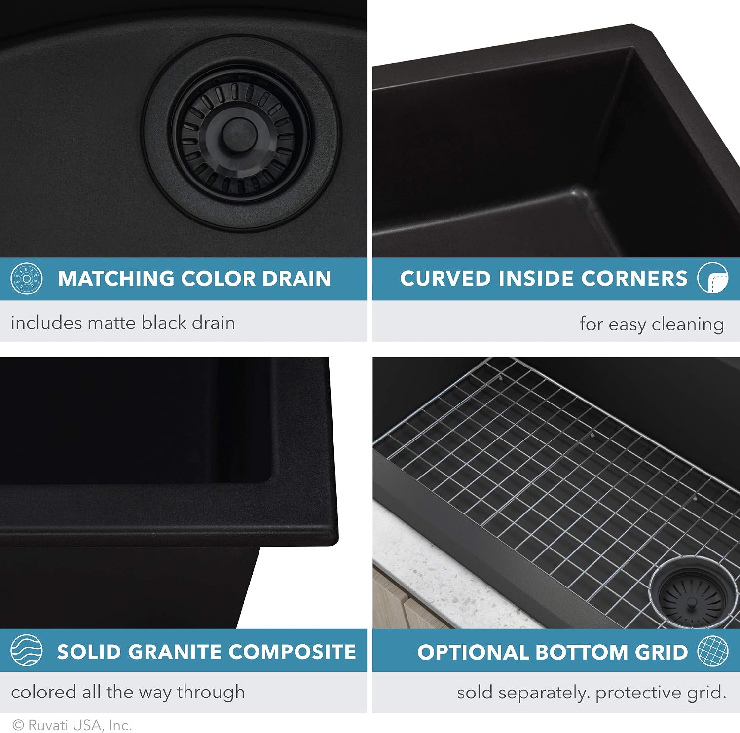 Ruvati 32 x 19 inch epiGranite Undermount Granite Composite Quartz Single Bowl Kitchen Sink - Midnight Black - RVG2033BK