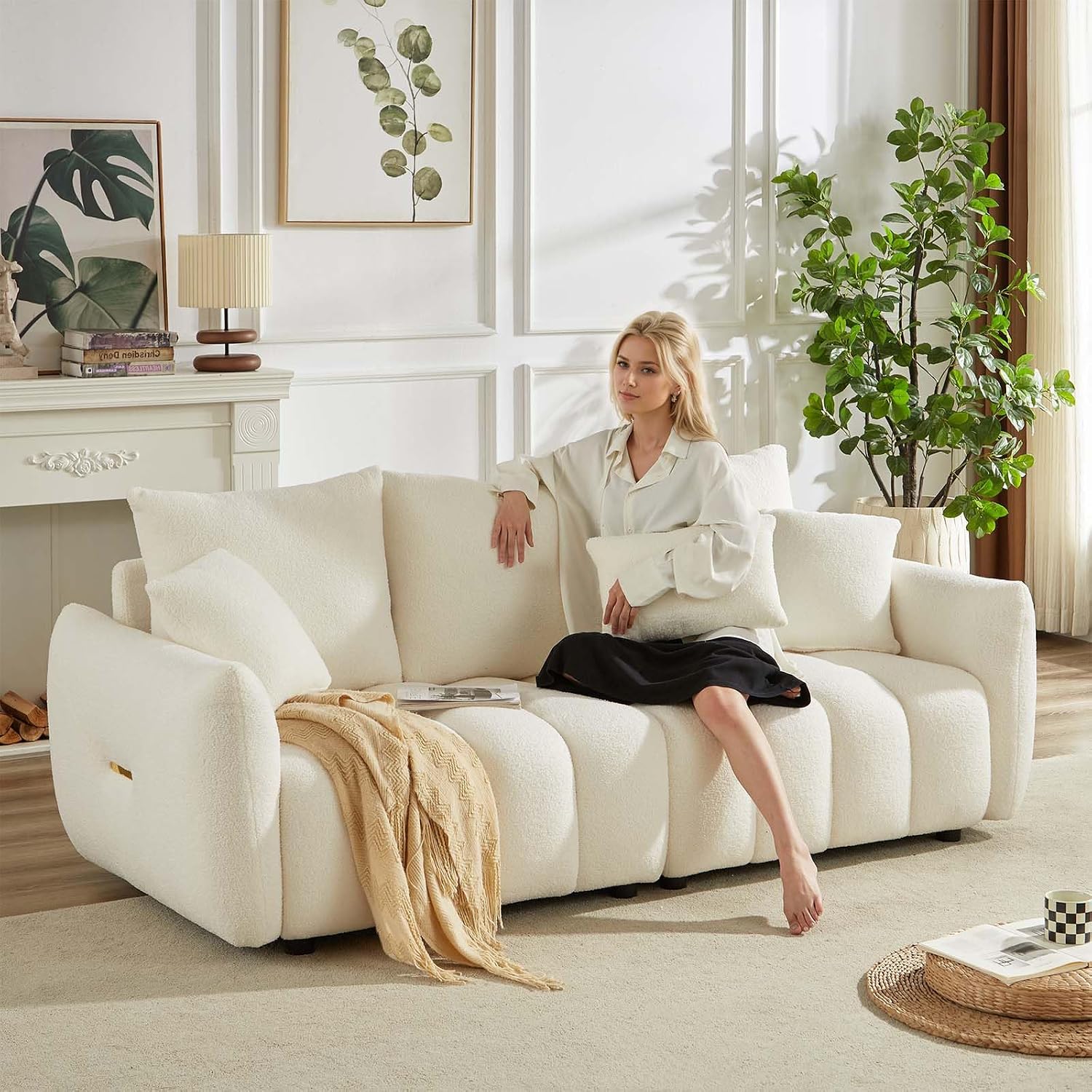 Antetek 78' Modern Sofa Couch, Comfy Deep Seat Teddy Cloud Sofa, Upholstered 3-Seater Boucle Couch, Oversized Loveseat for Living Room, Bedroom, Office, Apartment, Beige