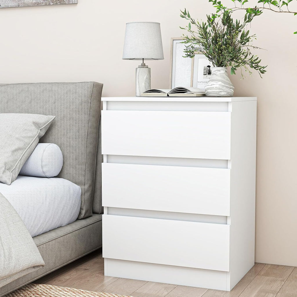 White Nightstand with 3 Drawers Set of 2,Modern Tall Bedside Table with Storage for Bedroom,End Side Table with No-Handle Design for Living Room