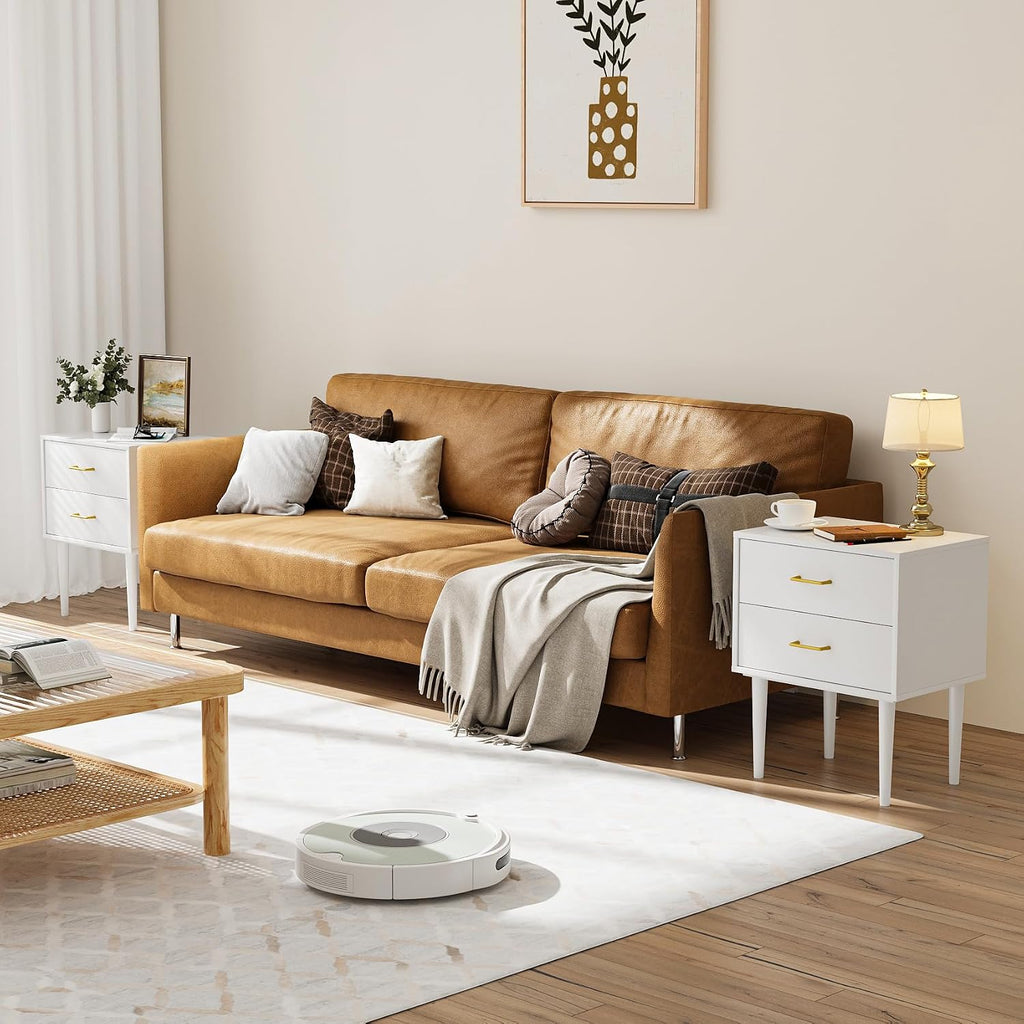 Modern White Bedside Cabinet with Metal Handles | 2-Drawer Nightstand Set of 2, Solid Wood Legs & Metal Slides for Bedroom Living Room