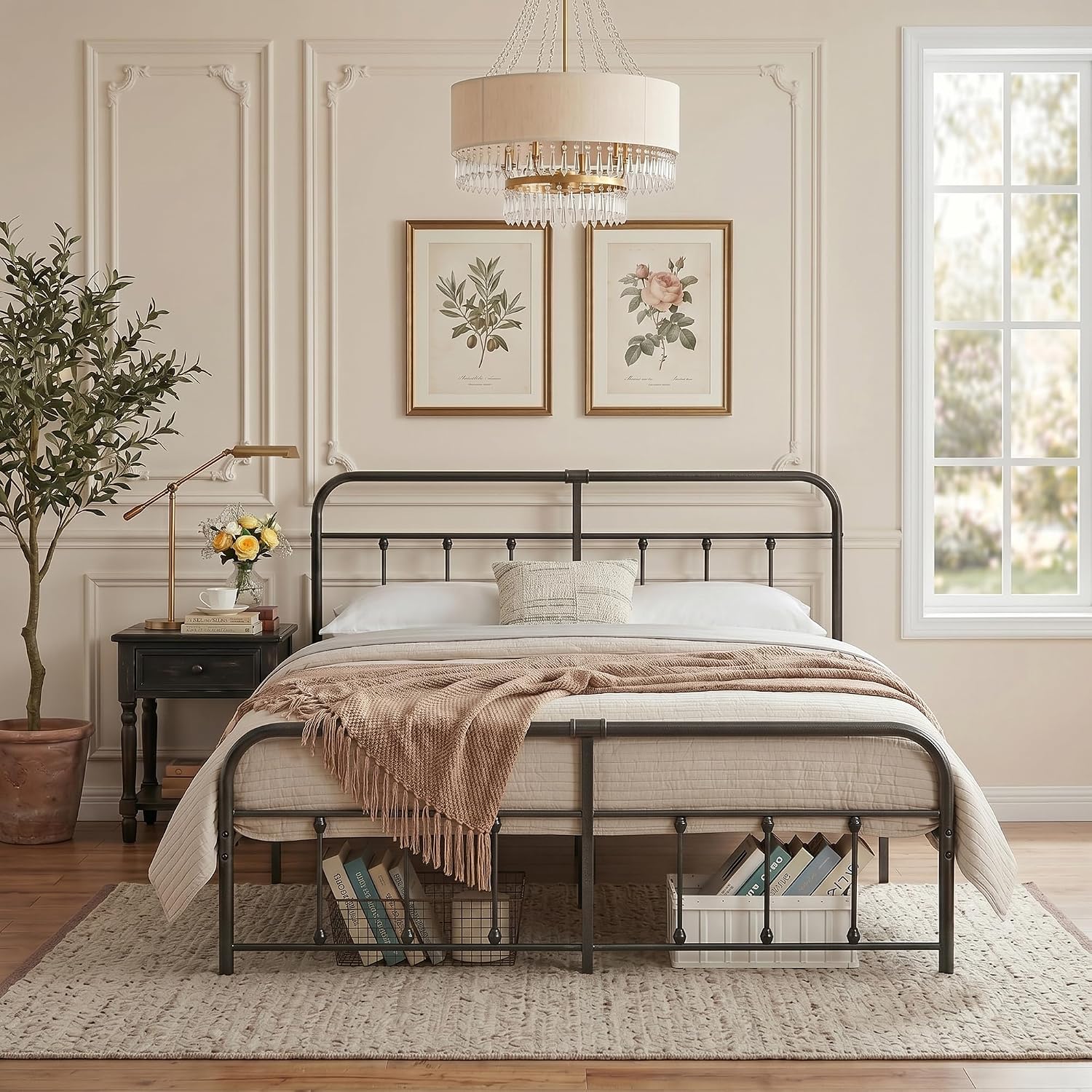 VECELO King Size Victorian Style Metal Bed Frame with Headboard Classic Metal Platform Bed Frame Mattress Foundation with Victorian Style Footboard/Under Bed Storage/No Box Spring Black