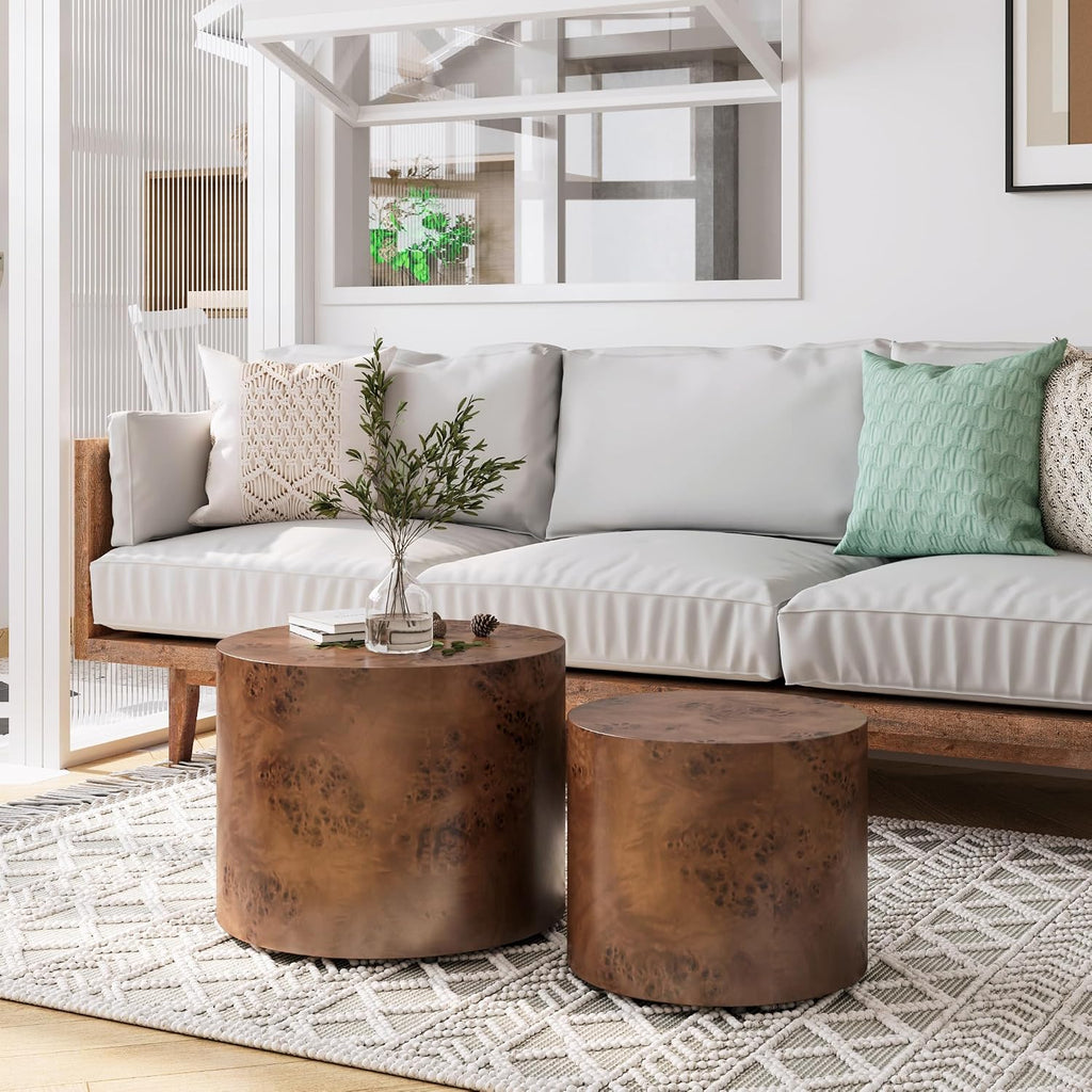Nesting Coffee Table Set of 2, Modern Round Coffee Table Drum Side Table, Wooden Circle Accent Tables End Tables for Small Spaces Living Room Bedroom Office (Dark Brown)