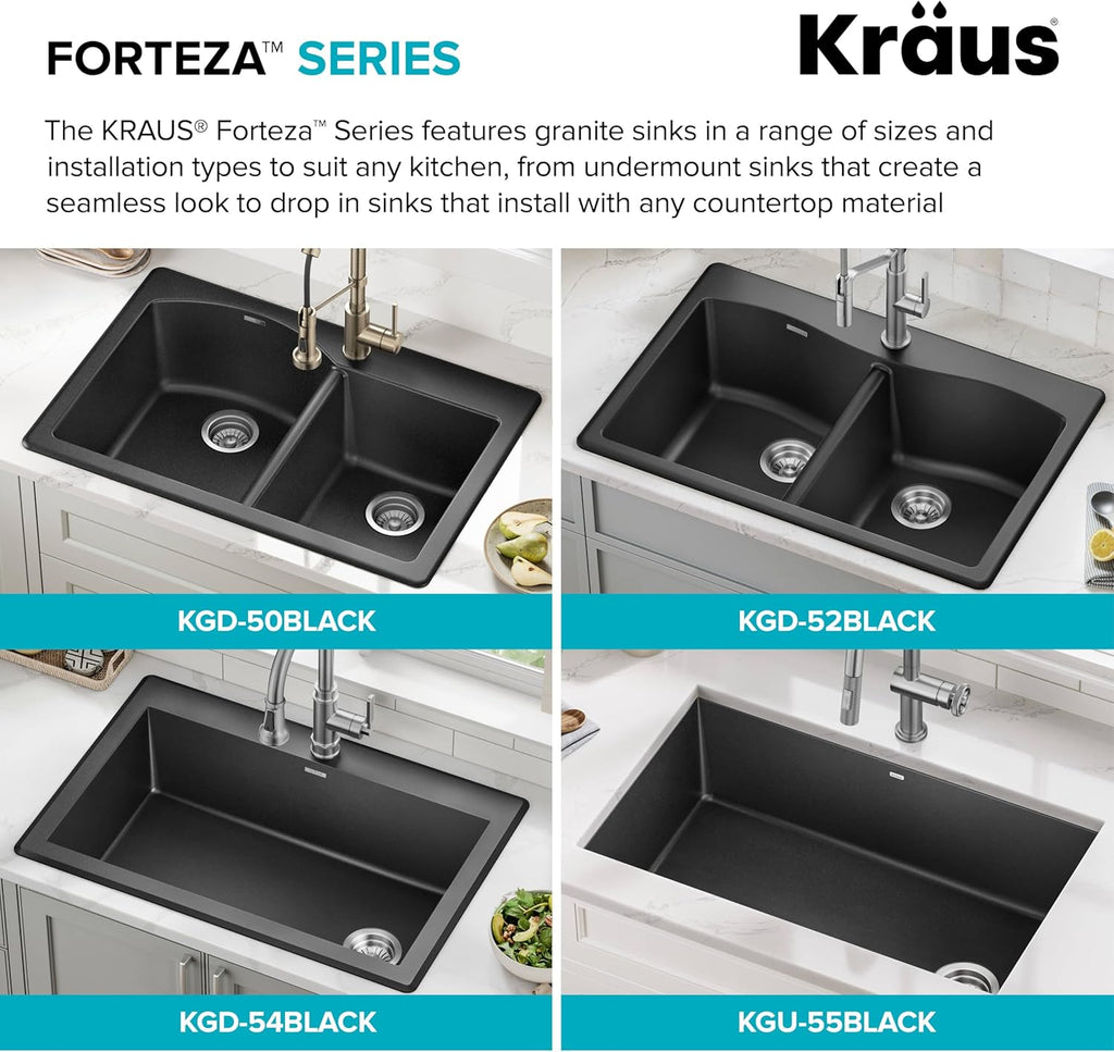 KRAUS Forteza 33-inch Drop in/Undermount 50/50 Double Bowl Granite Kitchen Sink in Black, KGD-52BLACK