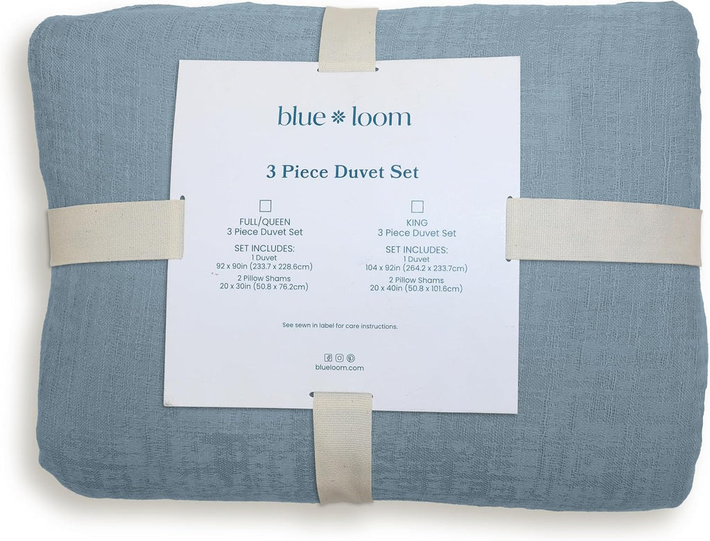 Blue Loom Duvet 100% Cotton Set, 3 Piece, Stone Washed Duvet Set King Size 104' x 92' with 2 Matching Pillow Shams, Comforter Not Included, Vivie - Denim Blue