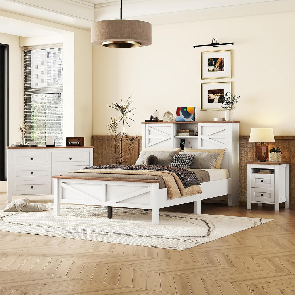 3PCS Bedroom Sets, Full Size Farmhouse Platform Bed with Double Sliding Door Storage Headboard, Cabinet & Nightstand, 3PCS Bedroom Sets with USB, for Kids, Adults, White