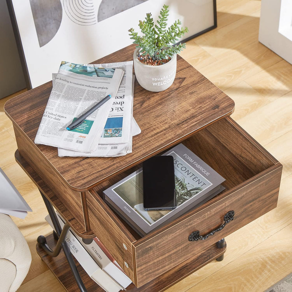 VECELO Nightstands Set of 2 with Drawer for Bedroom, Endtable Bedside Table with Storage & Open Shelf for Living Room, Brown