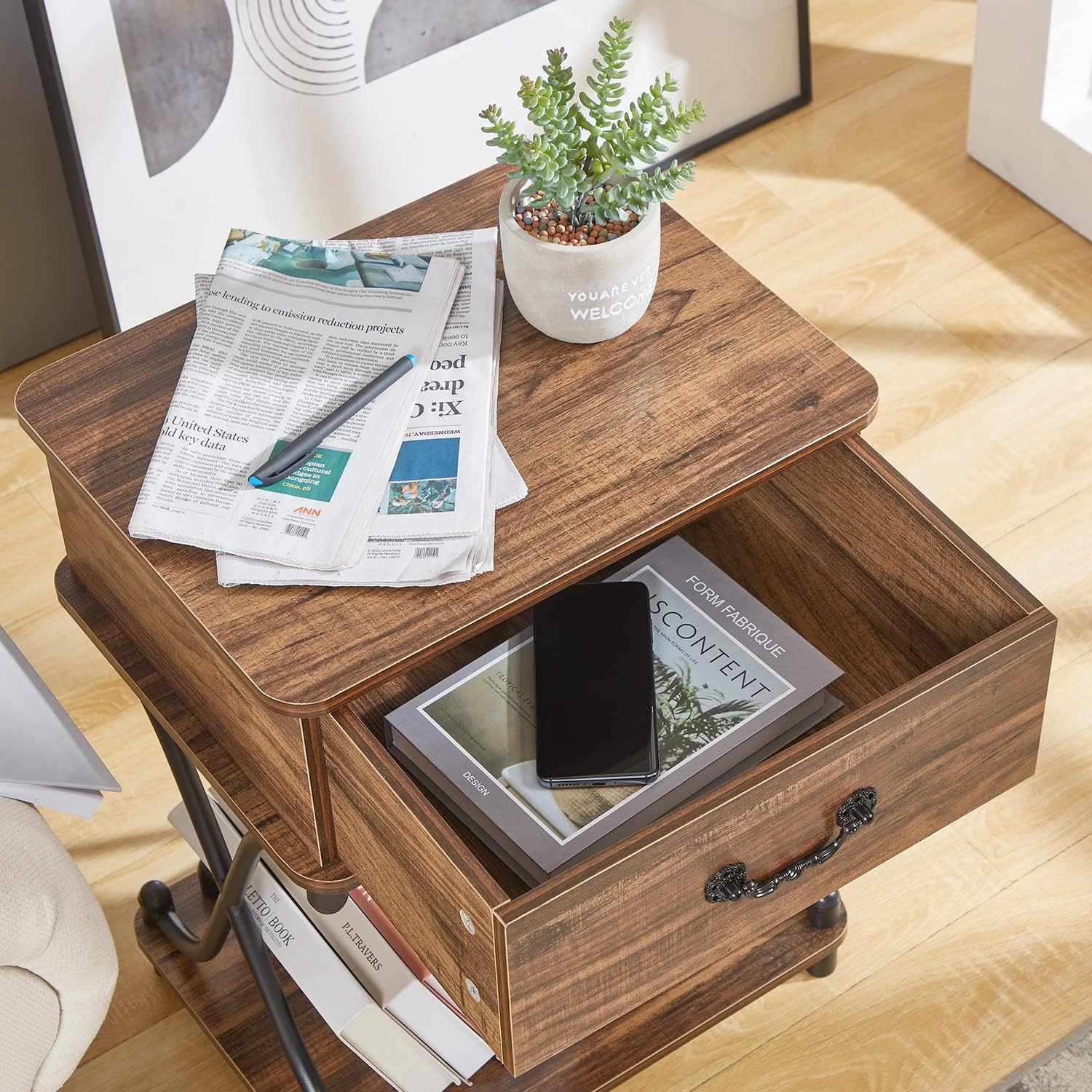 VECELO Nightstands Set of 2 with Drawer for Bedroom, Endtable Bedside Table with Storage & Open Shelf for Living Room, Brown