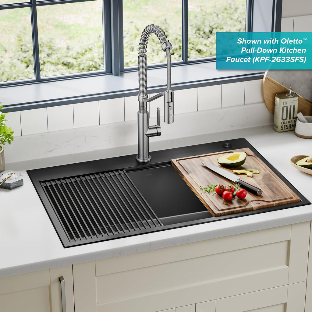 KRAUS Kore Workstation 33-inch Top Mount Drop-In 16 Gauge Black Stainless Steel Single Bowl Kitchen Sink in PVD Gunmetal Finish with Accessories, KWT310-33/PGM