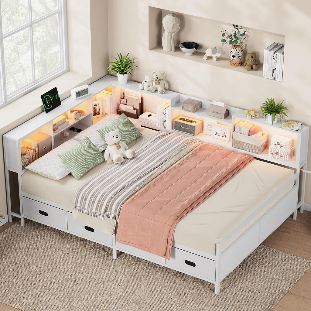 Full Size Corner Bed Frame with LED Lights, Charging Station & 8-Bookcase Headboard, Metal Platform Corner Bed with 4 Storage Drawers, Full Daybed for Kids Teens Guests, White
