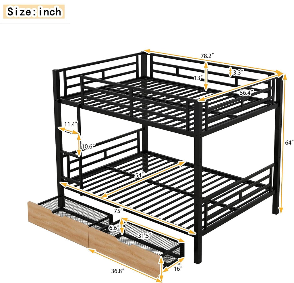Metal Full Size Convertible Bunk Bed with 2 Drawers,Bed Frames W/Wood Slats Support The Mattresses,Easy to Assemble,for Kids Teens Girls Boys,Black