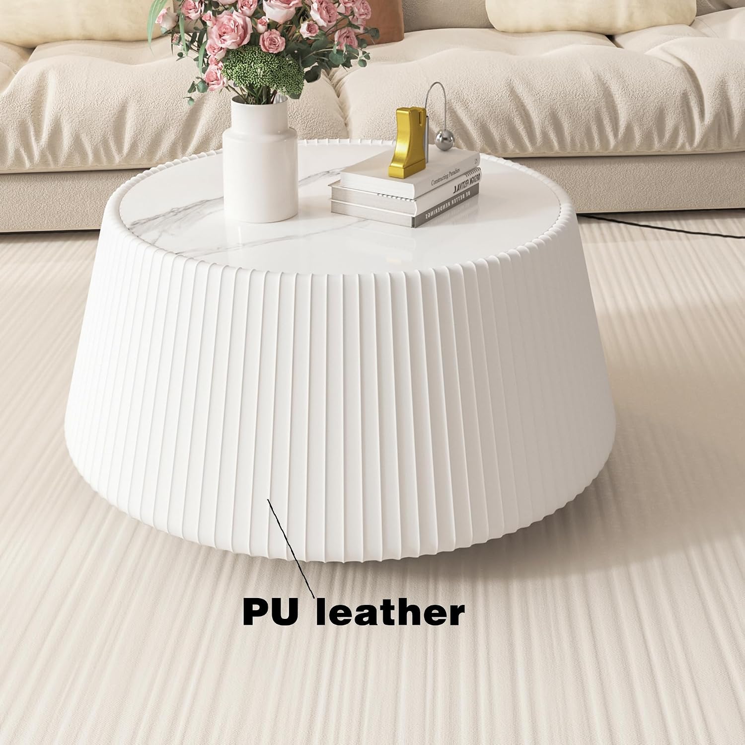26.77' White Round Coffee Table, Drum Coffee Table with Sintered Stone Tabletop and Fluted PU Leather Covered and Stable Base, Circle Cocktail Tea Table for Living Room