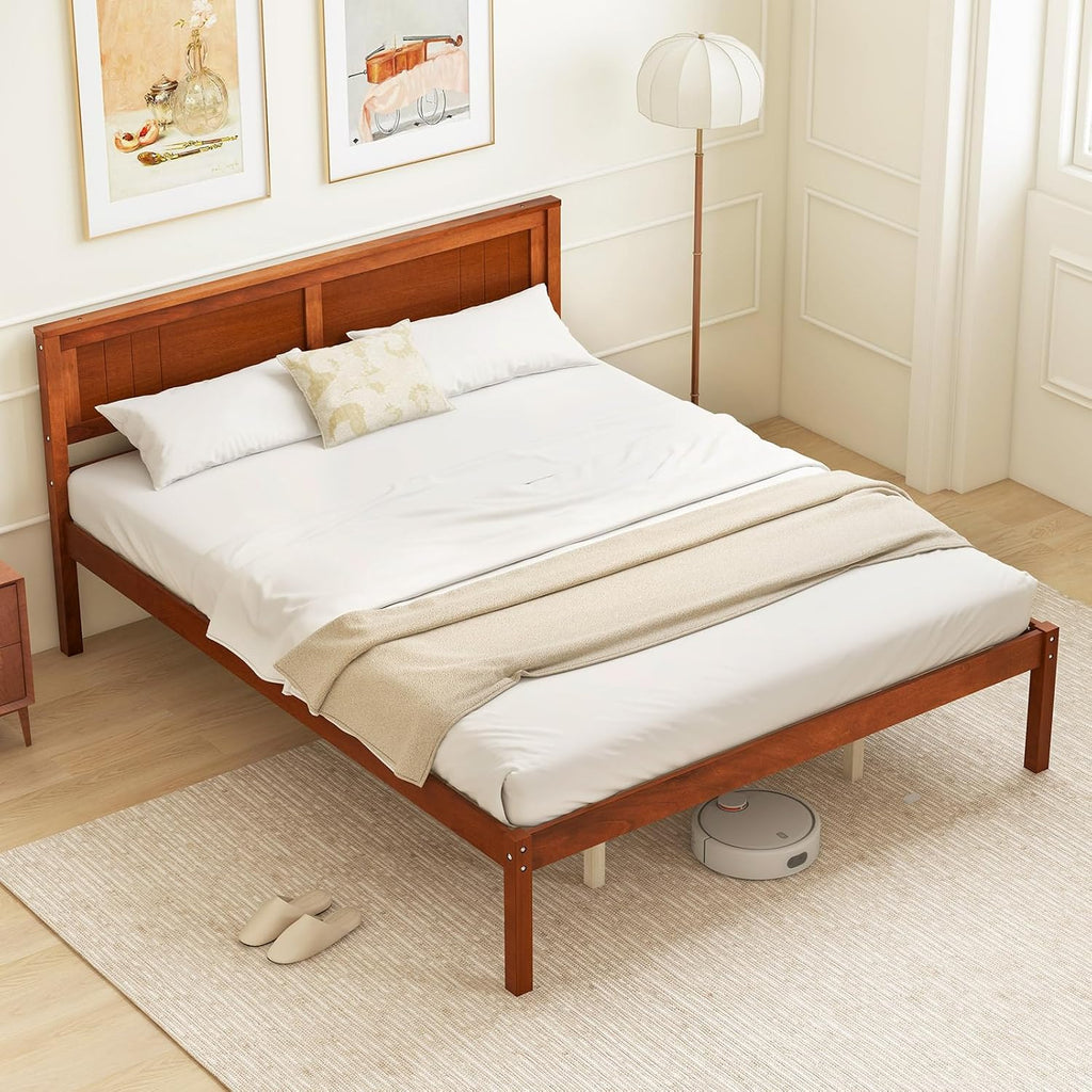 Giantex Queen Wood Platform Bed Frame with Headboard, Mid Century Queen Bed Frame with Wood Slat Support, Solid Wood Foundation with 16' Under Bed Storage, No Box Spring Needed, Easy Assembly