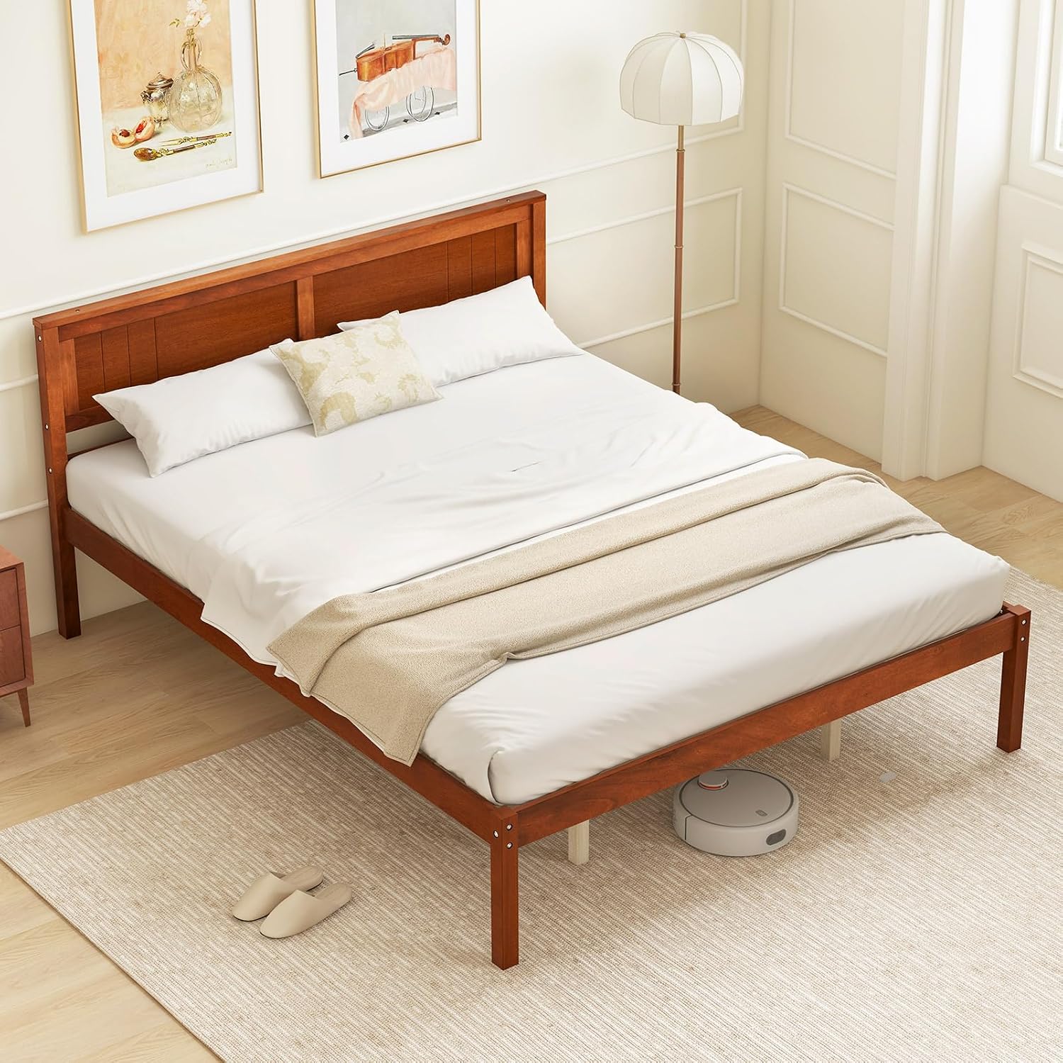 Giantex Queen Wood Platform Bed Frame with Headboard, Mid Century Queen Bed Frame with Wood Slat Support, Solid Wood Foundation with 16' Under Bed Storage, No Box Spring Needed, Easy Assembly