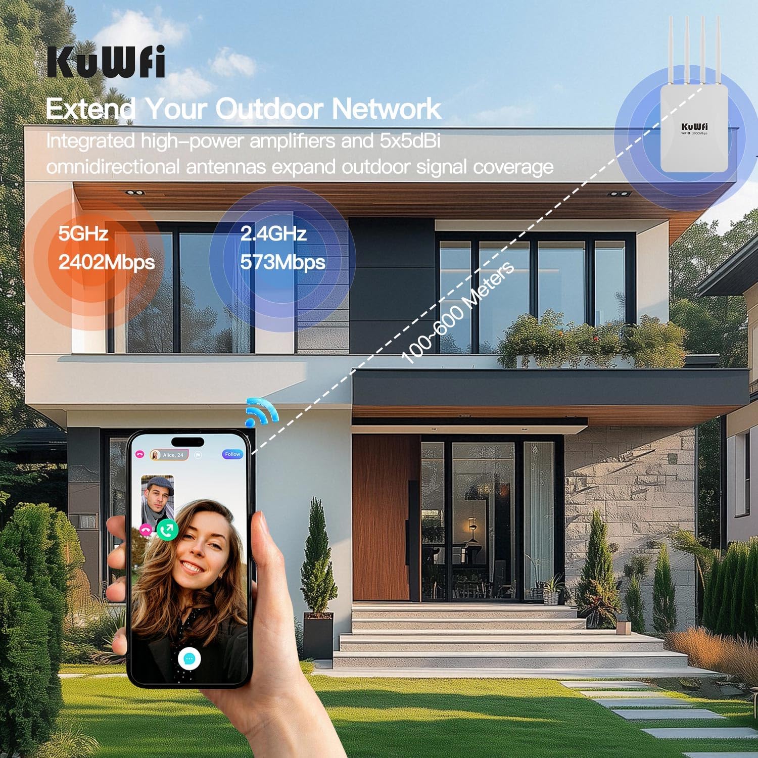 KuWFi 2.5Gbps AX3000 Outdoor WiFi 6 Extender, Long Range Outdoor WiFi Extender Signal Booster, IP65 Weatherproof Outdoor Wireless Access Point/Repeater with PoE for Farm, Yard, RV, Starlink