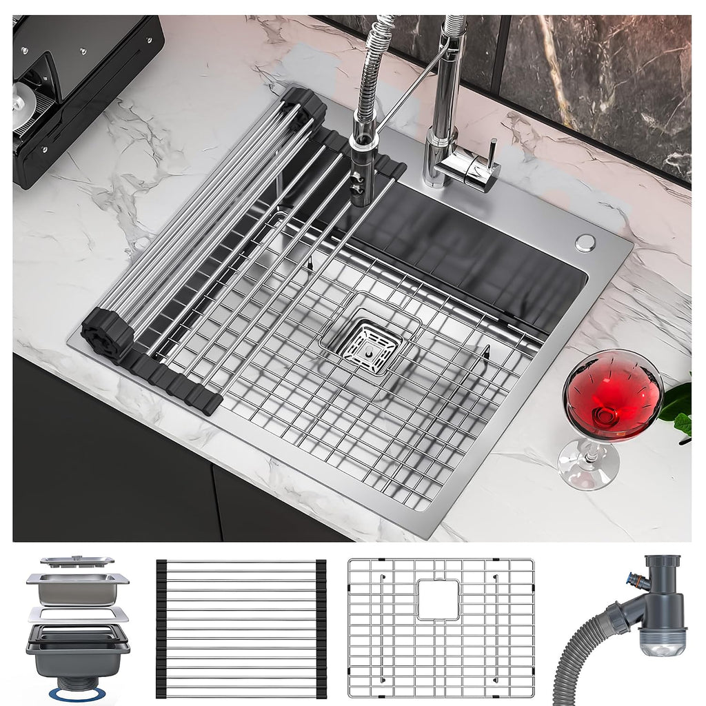 YITAHOME Drop in Kitchen RV Sink 25 in Topmount 304 Stainless Steel Single Bowl Sink with Accessories for Workstation, Bar Sinks 25 x 22 x 10 Inch