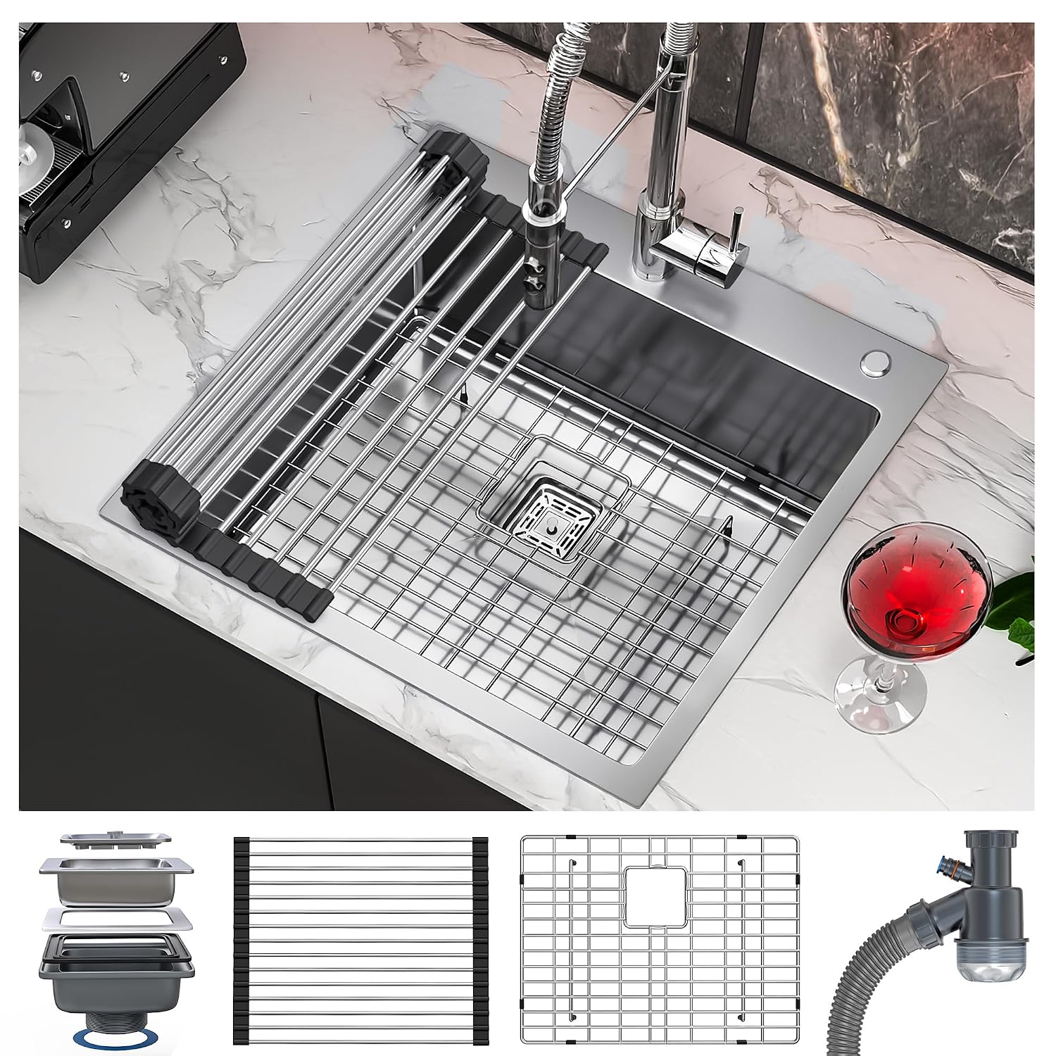 YITAHOME Drop in Kitchen RV Sink 25 in Topmount 304 Stainless Steel Single Bowl Sink with Accessories for Workstation, Bar Sinks 25 x 22 x 10 Inch