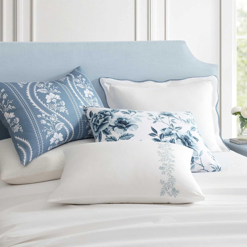Martha Stewart - Queen Duvet Cover Set, 100% Soft Cotton Bed Set with a Smooth Cotton Percale Reverse, 3 Piece Floral Bedding with Matching Pillowcases (Garden Path Embroidery Blue)