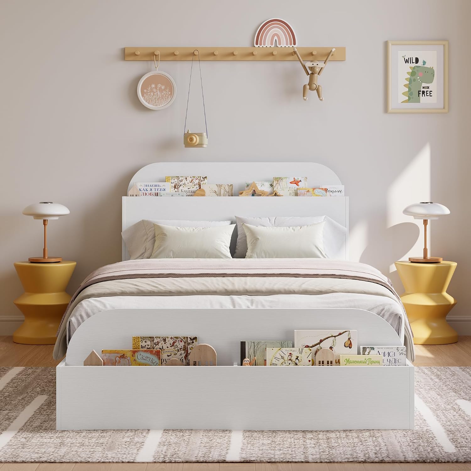 GarveeHome Twin XL Size Bed Frame, Wooden Beds with Storage Headboard and Raised-Foodboard, Twin XL-Floor Low Platform Bed for Bedroom, Sturdy Wooden Slats Support, No Box Spring Needed, White