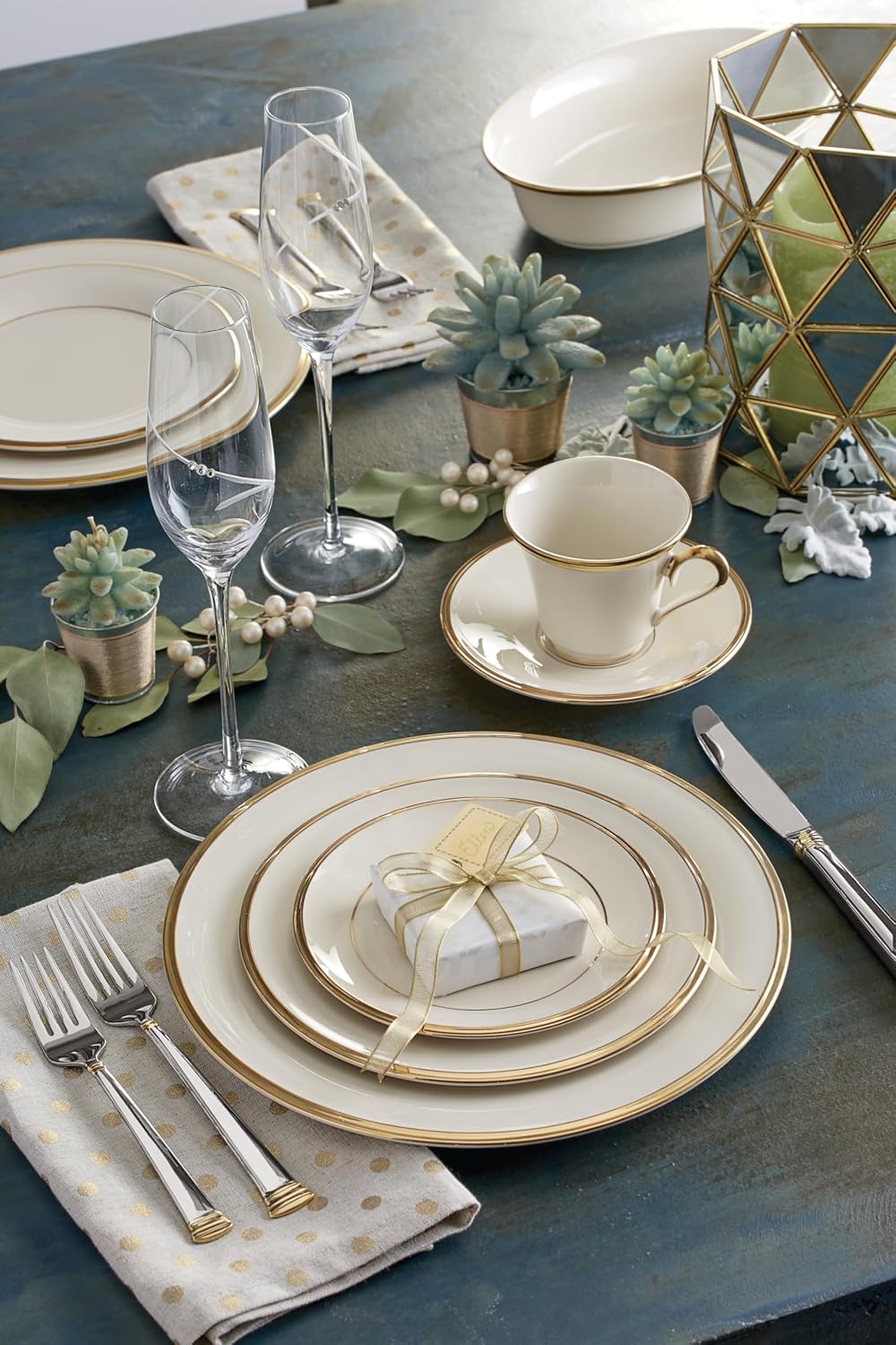 Lenox Dinnerware Set, Eternal 5-Piece Place Setting, 24-Karat Gold Accents Set, Service for 1, Made Of Ivory Porcelain, Dishwasher Safe, Plates, Cups And Saucers, Home And Kitchen (Ivory, 5 Piece)