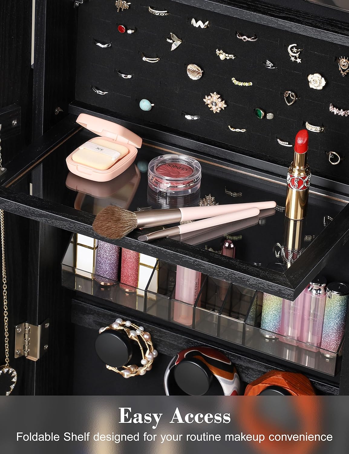 Nicetree 360° Swivel Jewelry Cabinet with Lights, Touch Screen Vanity Mirror, Rotatable Full Length Mirror with Jewelry Storage, Standing Jewelry Armoire Organizer, Foldable Makeup Shelf, Black