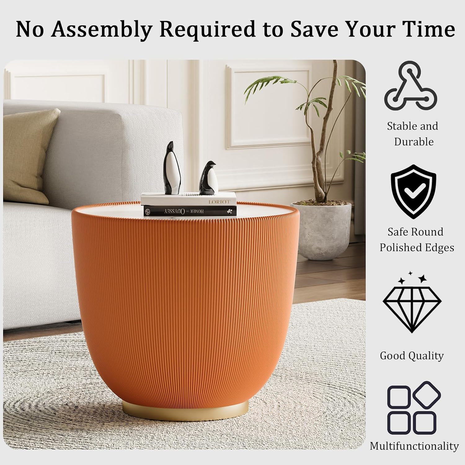 Round Living Room Table Set, 27.56' Grey Drum Center Table and 19.69' Orange Coffee Table Set, 2 Pieces Coffee Table Set with Sintered Stone Tabletop, Fluted PU Leather Covered and Metal Base