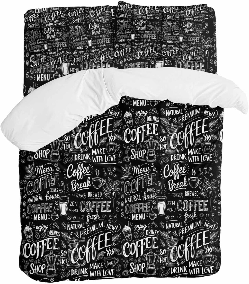 Black White Theme Duvet Cover Set Queen Size 4 Pieces Modern Bread Coffee Pot Milk Drink Minimalist Bedding Set with Zipper Closure, 1 Comforter Cover 90x92 Inches 1 Flat Sheet & 2 Pillow Cases