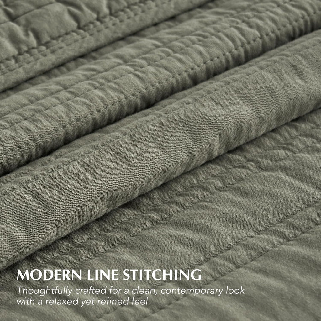 EVERGRACEHOME 100% Cotton Modern Lines Quilt Set Oversized King, Pre-Washed Soft Striped Coverlet Bedspread, 3 Piece Lightweight Bedding Set for All Season, with 2 Pillow Shams, Olive Green